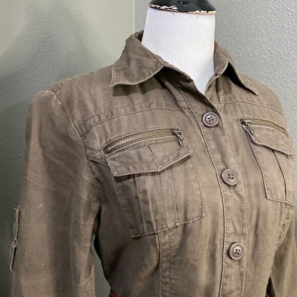 Vintage cAbi 856 Utility Button Up Shirt Jacket Sz XS 100% Linen Brown Roll Tab - Picture 3 of 14